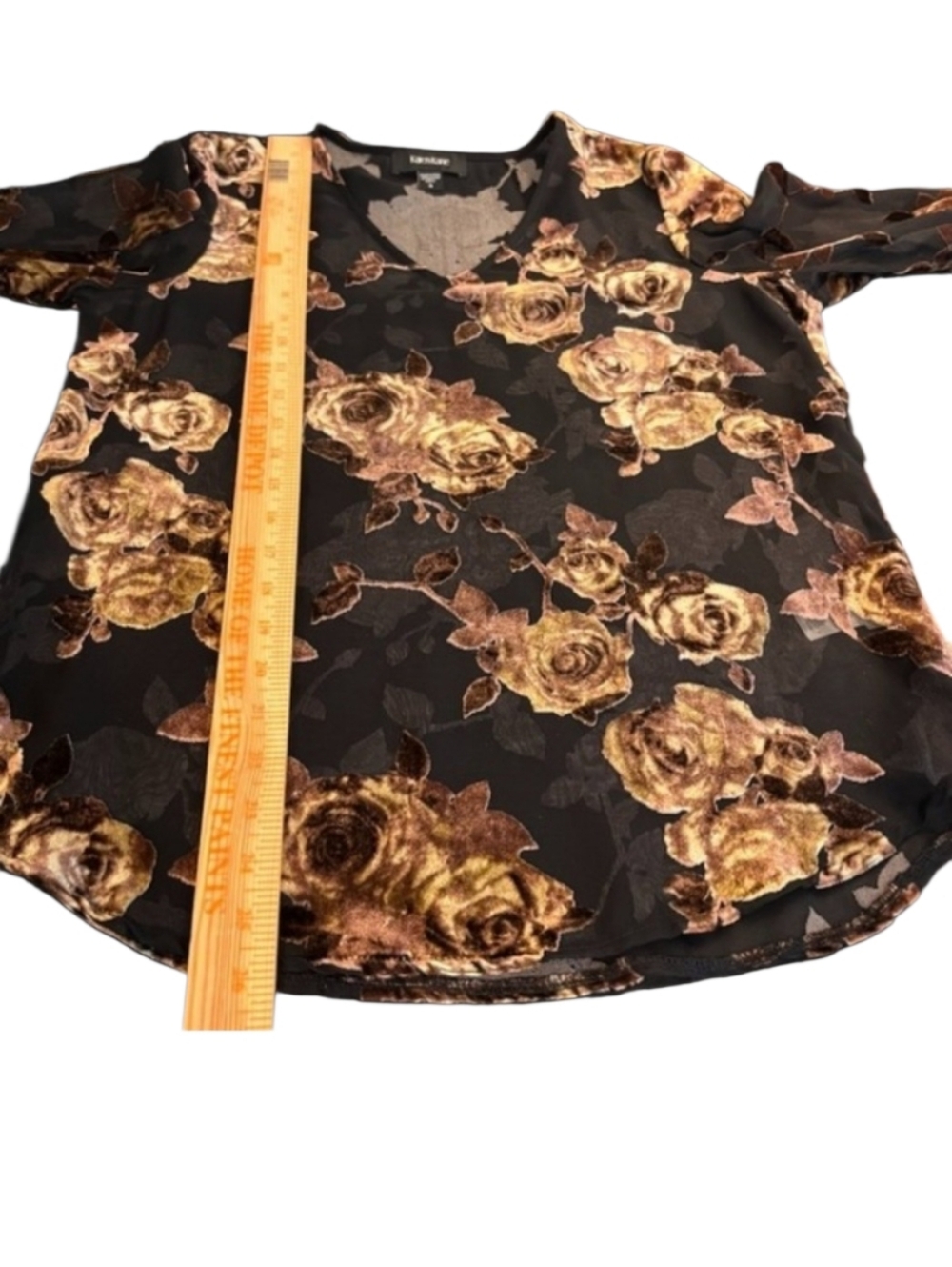Karen Kane Black and Gold Sheer Floral Velvet Bell Sleeve Burnout V-Neck Blouse - Picture 10 of 10